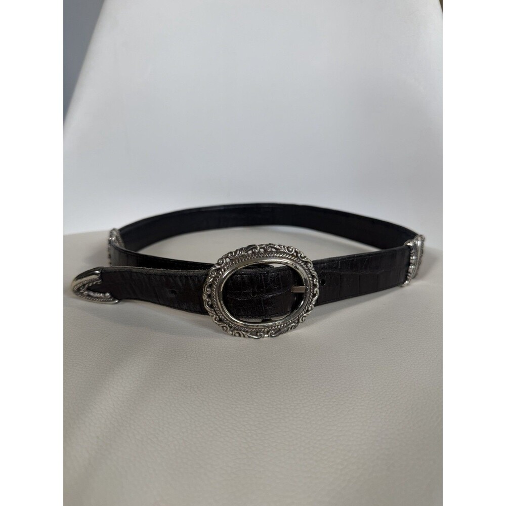 BRIGHTON Belt Women Medium Reversible Black Brown Croc Leather Silver